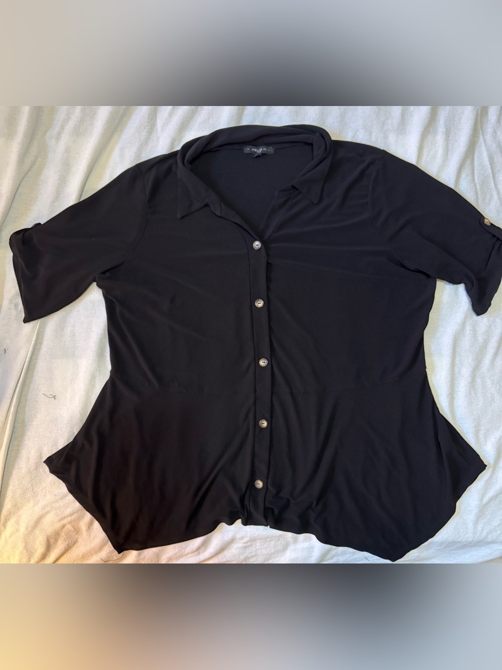 Atelier 29 Black Button Front Blouse Short Sleeve Collared Top 2X Plus Size
